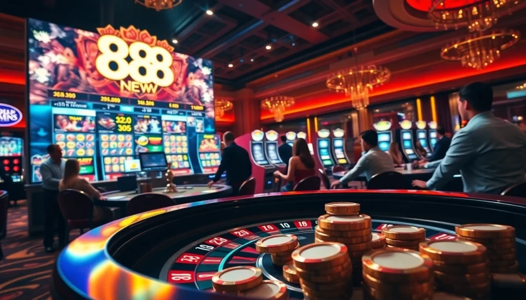 Exciting gambling scene at 888NEW with players around roulette table and vibrant slot machines.