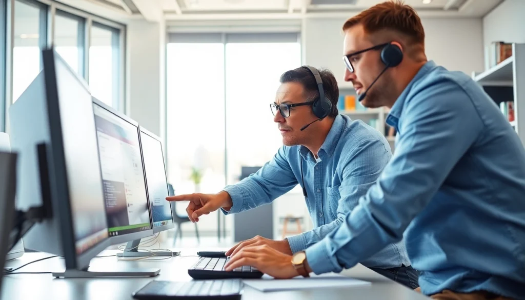 Person receiving computer help in an office environment with a technician guiding them.