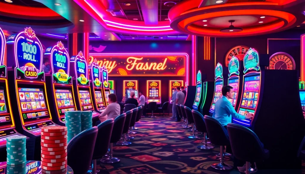 Experience the thrilling world of idn slot with vibrant casino gaming visuals and slot machines.