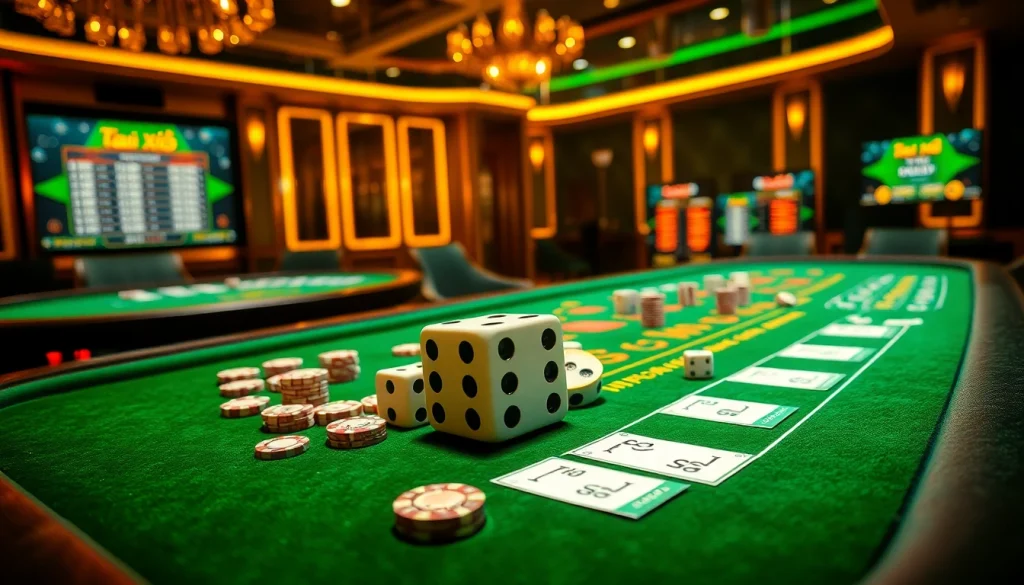 Tài xỉu md5 game table with vibrant chips and dynamic results display.