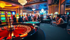 Players engaging at a glamorous casino featuring raja 88 themes and vibrant gambling action.