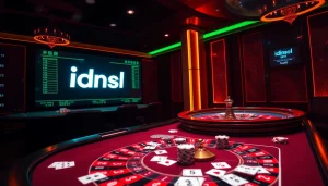 Excited gamblers engaging with the idnslot online casino interface at a vibrant gaming table.