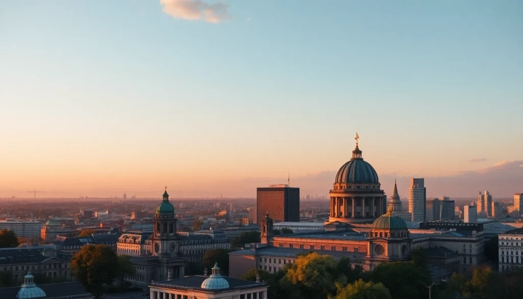 Drohnenaufnahmen Berlin der spektakulären Skyline bei Sonnenuntergang