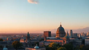 Drohnenaufnahmen Berlin der spektakulären Skyline bei Sonnenuntergang