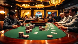 PG99 enthusiasts engage in a thrilling poker game at a luxurious casino table.
