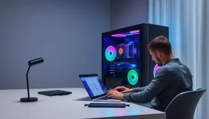 Verkaufen Sie Ihren Gaming-PC mühelos mit einem eleganten Setup, das leistungsstarke Hardware zeigt, während eine Person am Verkaufsprozess beteiligt ist.