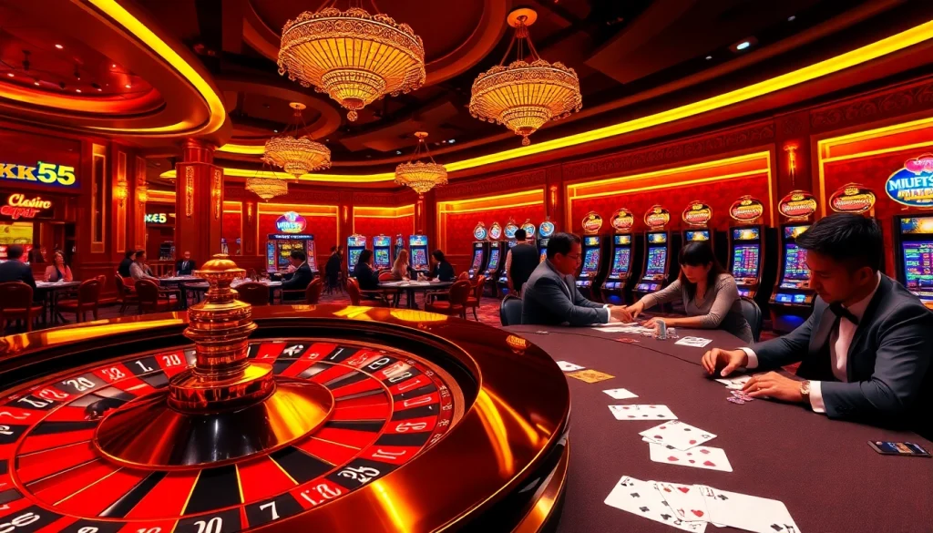 Players strategizing at the vibrant roulette wheel of Nhà cái KK55 in a luxurious casino.