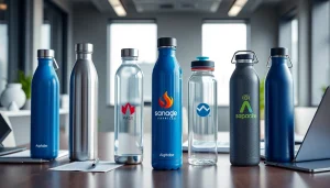 Gertuvės su logotipu rodomos modernioje biuro aplinkoje, demonstruojančios kokybišką dizainą ir personalizavimą.