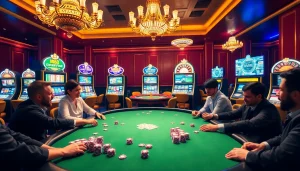 Experience the luxury of MM88 online gambling with vibrant casino scenes featuring poker tables and slot machines.