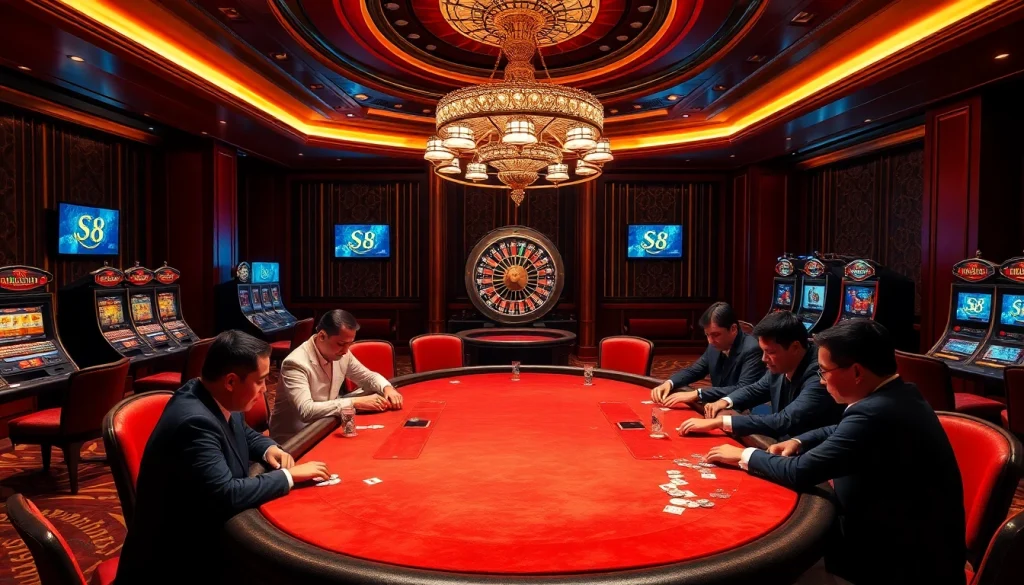 Engaging scene of professional poker players at nhà cái s8, showcasing luxury gaming elements.