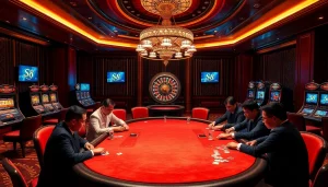 Engaging scene of professional poker players at nhà cái s8, showcasing luxury gaming elements.