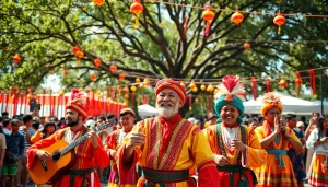 Witness the vibrant laoutaris celebration featuring traditional musicians and dancers in colorful costumes.