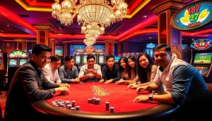 Players intensely enjoying a game bài at a luxurious casino table surrounded by vibrant gaming elements.