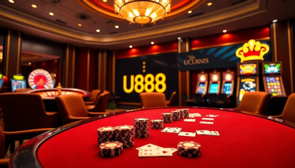 Experience thrilling gaming at U888 with luxurious casino tables and vibrant poker chips.