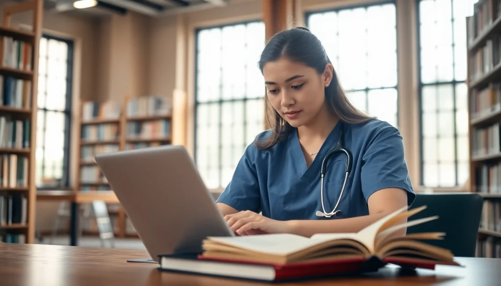 Student focused on cheap nursing papers in a bright library, symbolizing academic success.