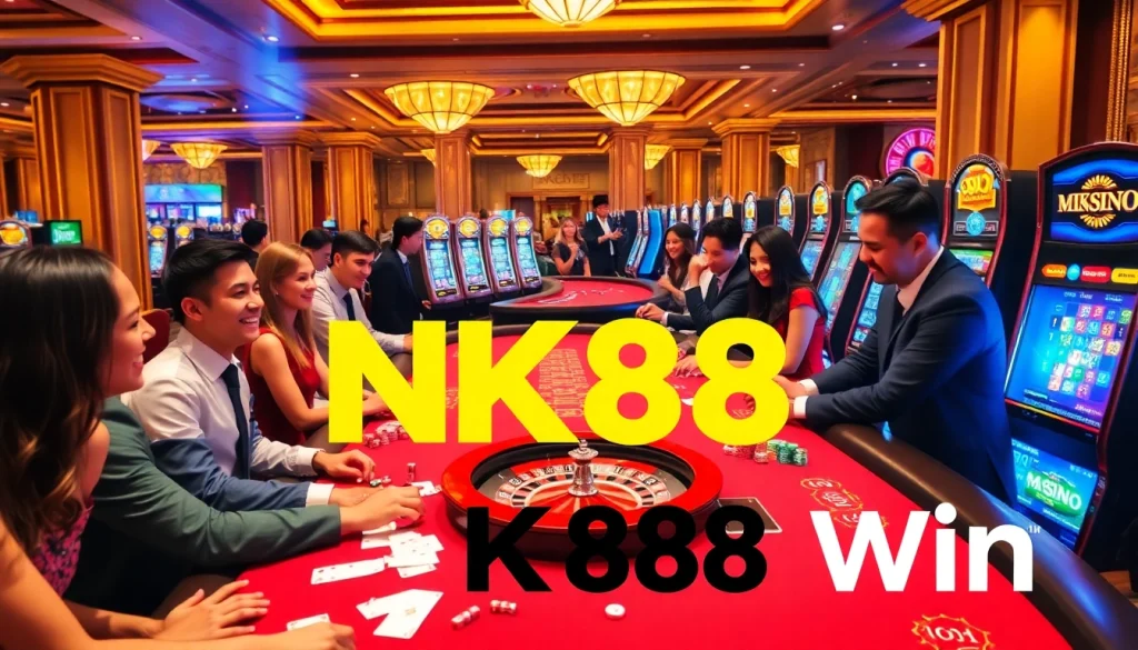 Experience the excitement of NK88 win at a luxurious casino, featuring players and vibrant slot machines.