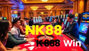 Experience the excitement of NK88 win at a luxurious casino, featuring players and vibrant slot machines.