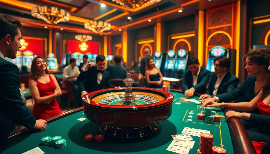 Players enjoying an exciting poker game at b52club casino, featuring vibrant roulette wheel and colorful chips.