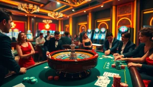 Players enjoying an exciting poker game at b52club casino, featuring vibrant roulette wheel and colorful chips.