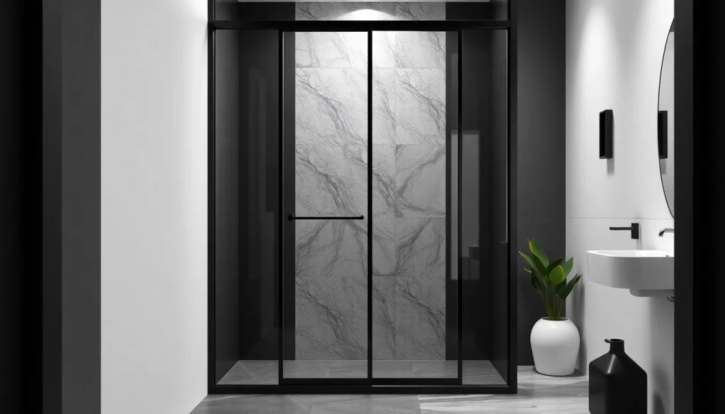 Enhance your bathroom with a sleek black shower sliding door that features modern aesthetics.