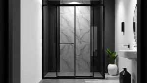 Enhance your bathroom with a sleek black shower sliding door that features modern aesthetics.
