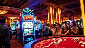 Mahjong Ways 2 slot machine in action with excited players at a lively casino.