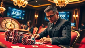 High-stakes poker game with a focus on 555win com, showcasing chips and cards in a luxurious casino.
