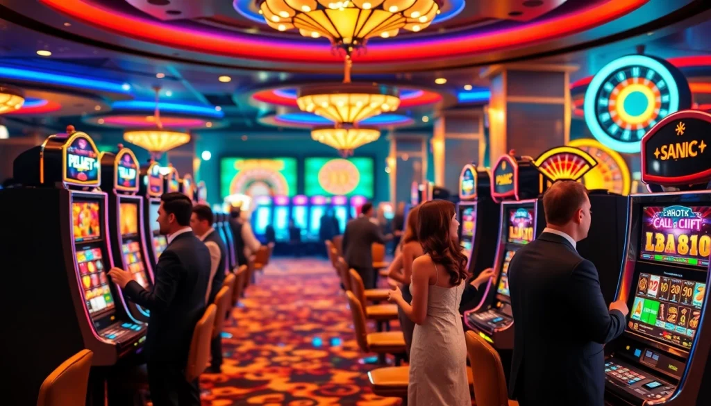 Players enjoying the slot pg88 game in a luxurious casino, surrounded by vibrant slot machines and chips.