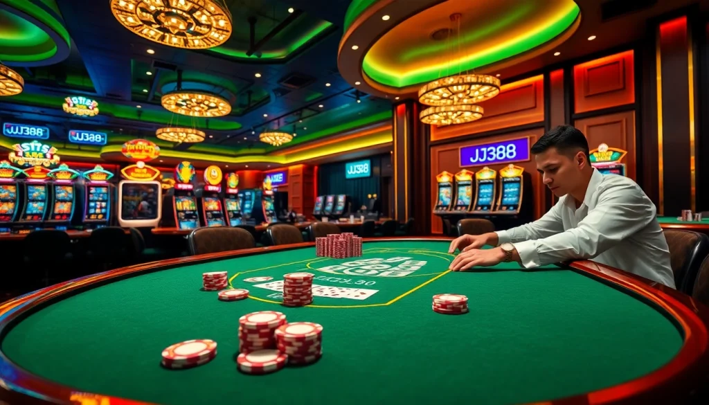 Experience a thrilling poker game at BJ388's luxurious casino, showcasing high-stakes excitement and engagement.