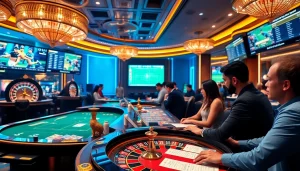 SboBet sports betting table with players placing wagers in a luxurious casino setting.