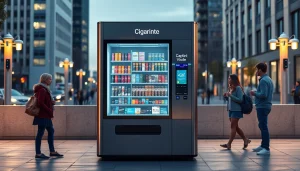Modern cigarette vending machine with digital interface in urban setting.