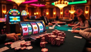 Experience excitement with slot depo 1k at a vibrant casino table, complete with chips and reels.