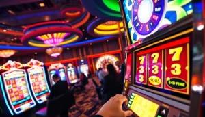 Kegembiraan bermain slot pulsa dengan mesin berwarna cerah dan pemain fokus di dalam suasana kasino mewah.