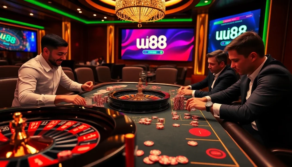 Players engaging at uu88 casino table, showcasing excitement and professionalism in gambling.