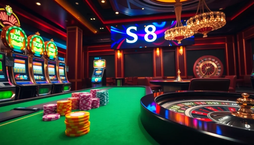 Exciting casino scene featuring vibrant roulette and poker elements with S8 keyword displayed prominently.