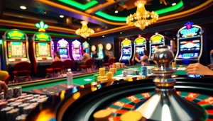 Engage with LUCKYWIN at a vibrant casino scene featuring excited players, slot machines, and a spinning roulette.