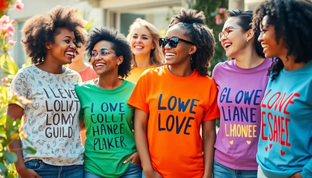 Moteriški marškinėliai su spauda, rodomi įvairių moterų dinamiškoje lauko aplinkoje.