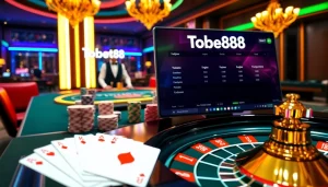 Tobet88 online casino showcase with dealer, chips, and vibrant gaming interface.