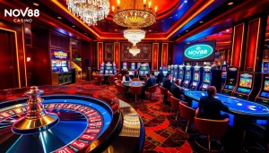 NOVA88 gamblers engaging in spirited games at a lavish casino floor.