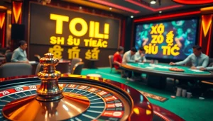 Experience the excitement of gambling with Tool xổ số siêu tốc at a vibrant casino scene.