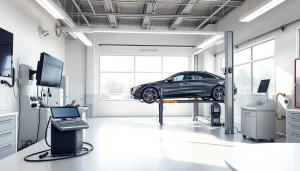 Smog Check station featuring inspection tools and a vehicle on the lift in a professional setting.