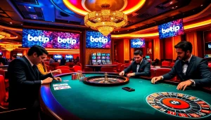 Người chơi tham gia poker cược cao, thể hiện thương hiệu BetVIP trong một casino sang trọng.
