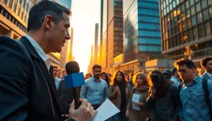 Capture of a journalist delivering Ucr Today breaking news in a lively city environment.