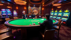 Experience the thrill of high-stakes poker at MM88.COM with vibrant casino elements and luxury setting.