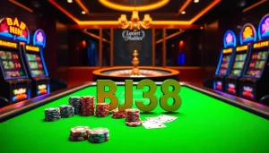 Experience high-stakes play at BJ38 with a vibrant casino scene featuring cards and chips.
