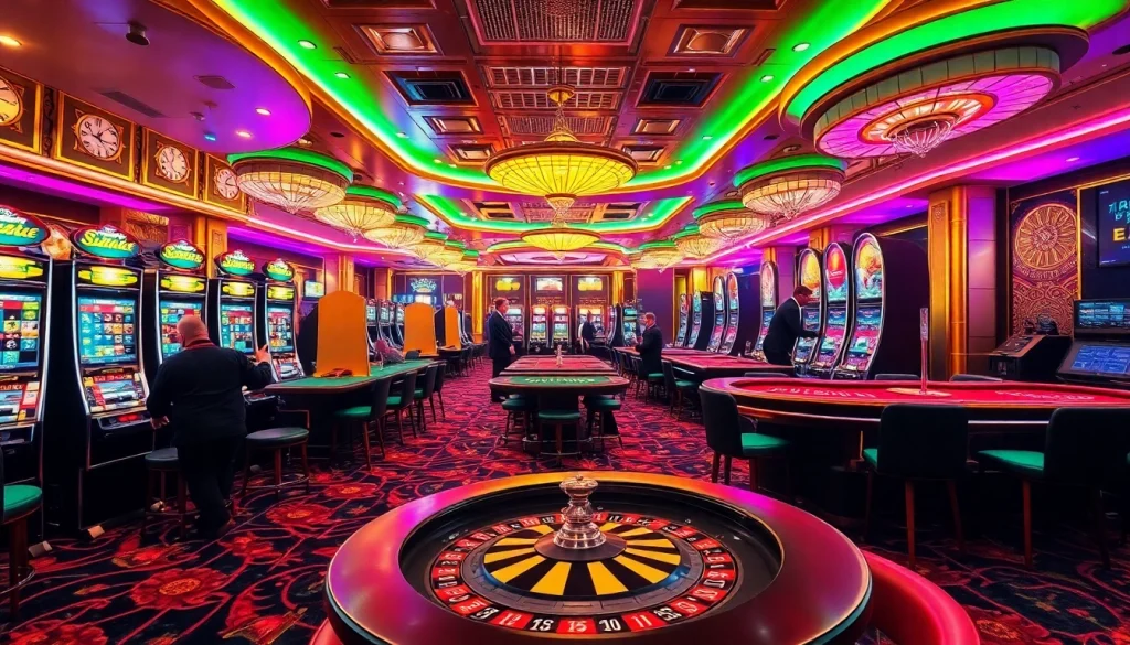 Crowd enjoying casino games with credit fara anaf options highlighted in vibrant environment