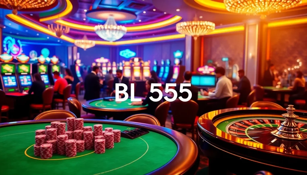 Experience the thrilling excitement of casino gaming at BL555 with vibrant tables and players.