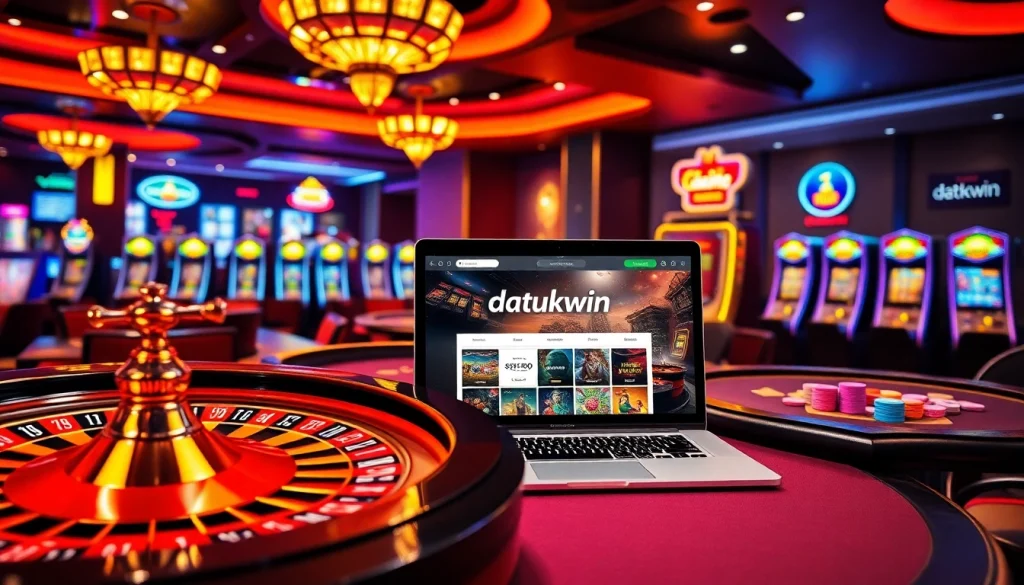 Rasakan sensasi perjudian online datukwin dengan visual kasino berwarna-warni menampilkan roulette dan mesin slot.