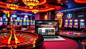 Rasakan sensasi perjudian online datukwin dengan visual kasino berwarna-warni menampilkan roulette dan mesin slot.