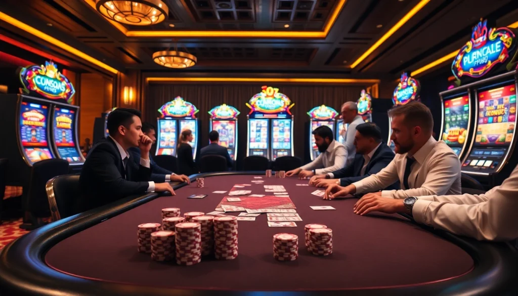 Exciting casino atmosphere showcasing uu88 poker with vibrant slot machines and high-stakes gameplay.